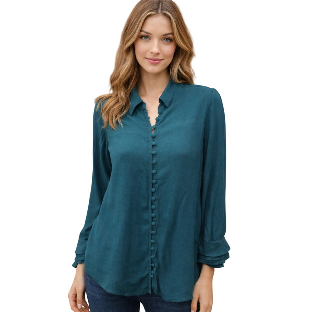 Soft Surroundings Green Poet Blouse Small Ruffle Cuff